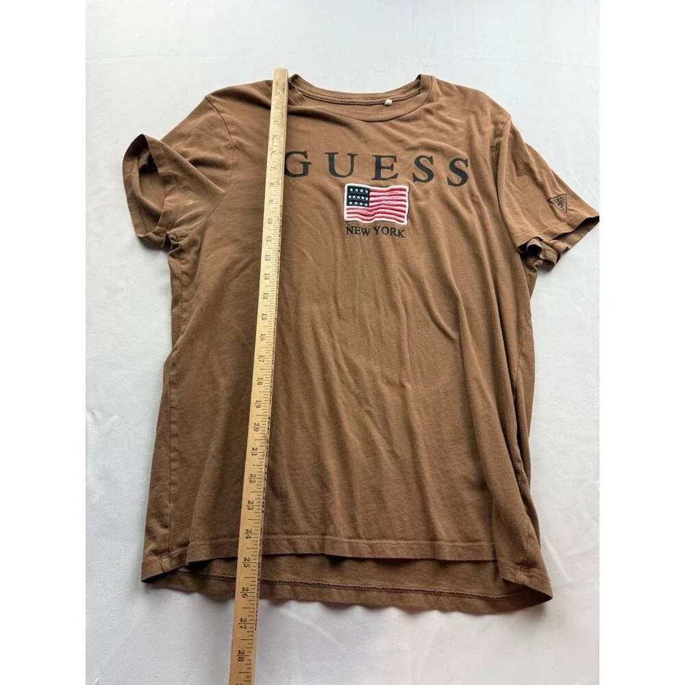 GUESS Embroidered Tee T-Shirt Mens Medium‎ Brown USA Flag Patriotic Short Sleeve - Picture 5 of 9